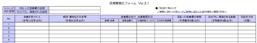 医療費集計フォームのスクリーンショットです。